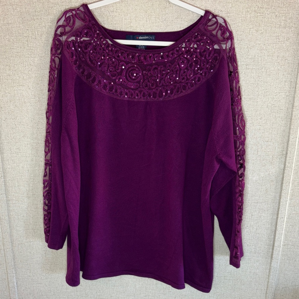 Denim 24/7 Womens Embellished Lace Sequins Top 2X Purple Dressy Business Church
